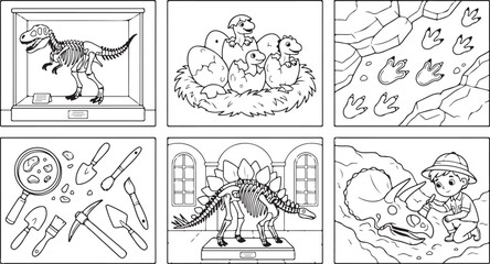 Set of dinosaur coloring pages for kids featuring fossils eggs footprints and archeology tools © Mostafizur