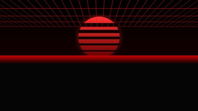 Retro Futuristic Synthwave Background with Red Striped Sun and Digital Perspective Grid on Black Background