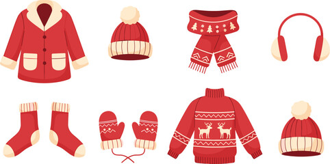 Cozy red winter clothes and accessories vector illustration collection featuring a knit reindeer Christmas sweater wool coat beanie hats mittens and earmuffs isolated on white background © MdMoksedul