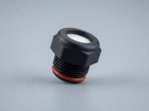 Black plastic threaded cap with red rubber seal and hexagonal nut top