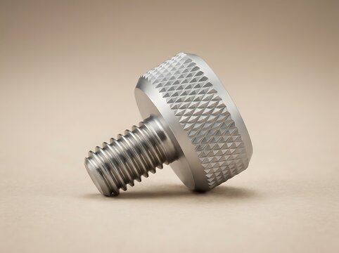 Close up of a metallic screw with knurled head and threaded shaft