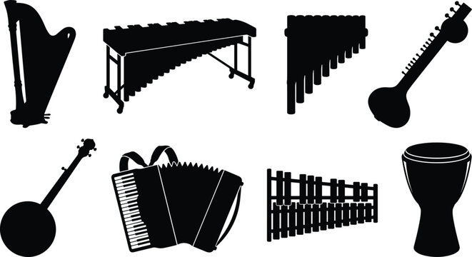 Diverse global musical instruments vector icon set featuring traditional and percussive melodic tools