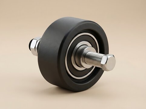Black rubber wheel with metal axle and bearings isolated on beige