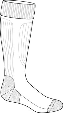 Knee high athletic compression sock technical flat sketch fashion design apparel template with reinforced heel and toe