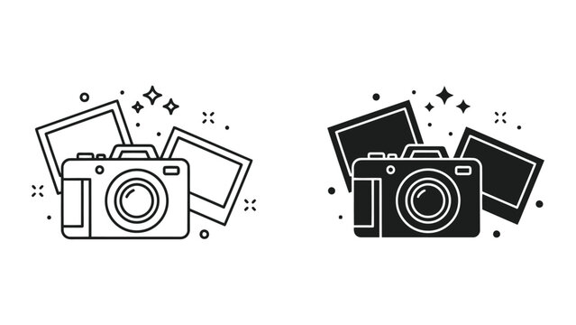 Line art illustration of two retro film cameras with lens and shutter details in black and white outline style