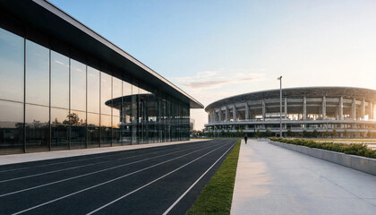 Naklejka premium Modern glass stadium architecture at sunset with track and field running lanes in foreground architecture building exterior stadiums construction athletic infrastructure professional