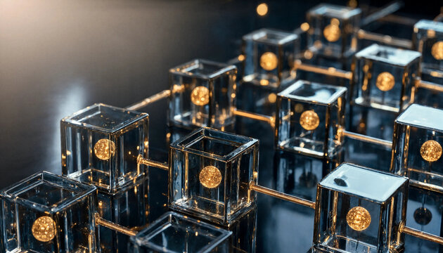 Abstract data network visualization with glowing glass cubes and gold core connection nodes representing blockchain and digital infrastructure blockchain technology connection abstract
