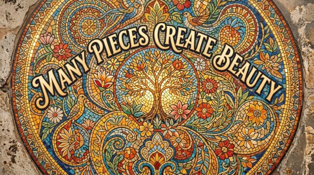 Intricate mosaic artwork with "Many Pieces Create Beauty" inscribed, featuring a tree of life and floral patterns