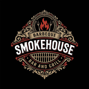 Vintage barbeque smokehouse bar and grill emblem logo design with barbeque smokehouse restaurant branding typography barbecue illustration steakhouse charcoal catering business template