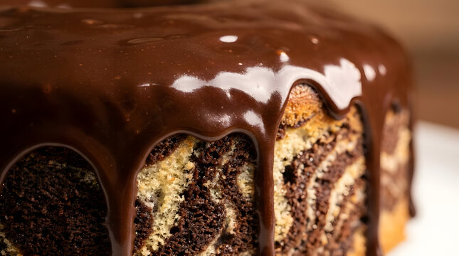 Glazed chocolate marble cake close up with melting sauce.