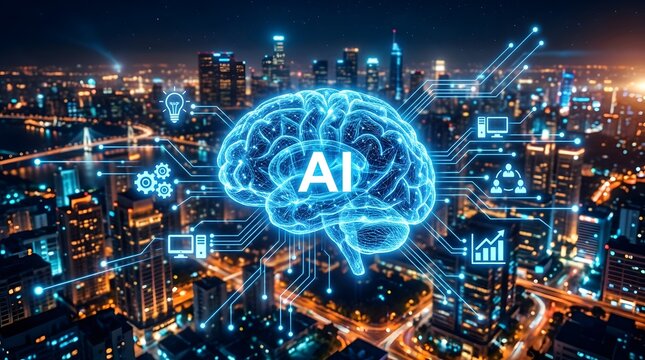 Glowing Blue Artificial Intelligence Digital Brain Superimposed Over Futuristic Night Cityscape Technology Network