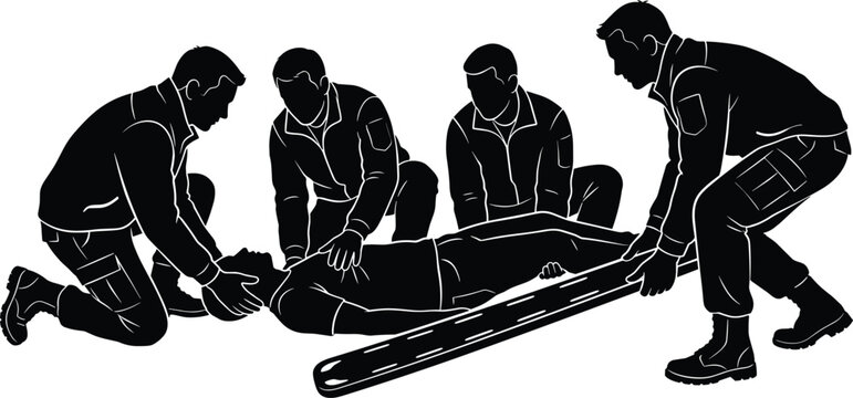 Emergency paramedics silhouette vector preparing spine board stretcher to rescue injured patient on ground