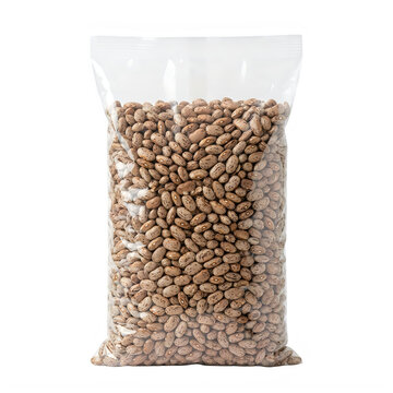 Clear plastic bag filled with raw pinto beans for healthy food isolated on transparent background