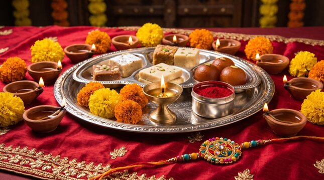 



File #:  2085732065
Traditional Raksha Bandhan thali with peacock rakhi, burning brass diyas, and an ornate silver box filled with Indian sweets like kaju katli, gulab jamun, and laddu on red silk
