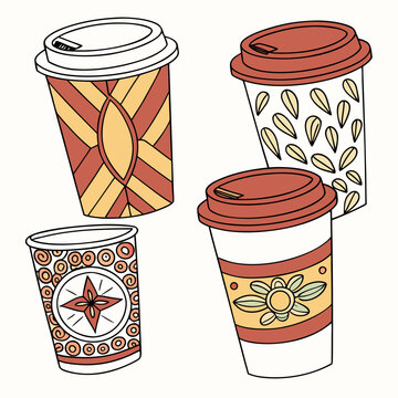 Three illustrated coffee cups with unique designs and patterns coffee cup coffee illustration coffee design coffee pattern coffee art coffee drawing illustration beverage