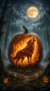 Halloween wolf howling from jack o' lantern spooky forest scene for autumn celebrations