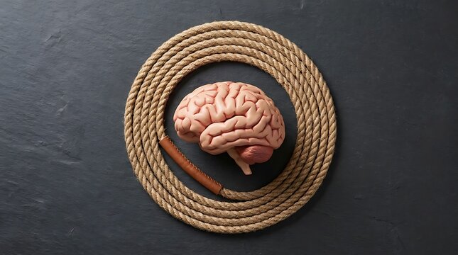 A creative concept of a brain jumping rope representing mental health, cognitive fitness, and intellectual exercise.