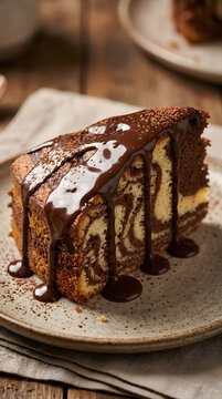 Marble cake slice with chocolate ganache drizzle.