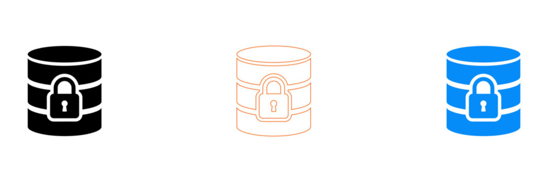Three database icons with different lock statuses symbolizing security levels isolated on transparent background, Vector