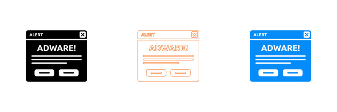 Modern alert pop-up notification with adware warning in three color styles isolated on transparent background, Vector