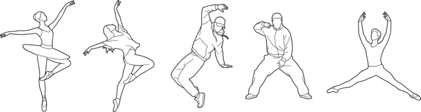 Dance pose vector illustration set with ballet, contemporary, hip‑hop, and jazz styles in expressive line drawings