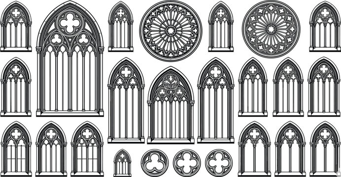 Medieval Gothic Cathedral Window Vector Elements Set Featuring Intricate Church Arches and Rose Silhouettes for Architecture and Graphic Design Projects
