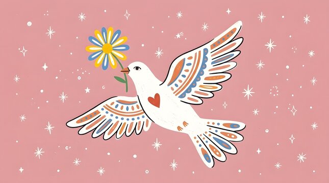 Peaceful dove carrying a flower whimsical illustration for hope and harmony concepts
