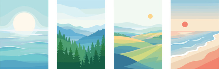 Fototapeta premium Landscape vector illustration set with ocean, forest, countryside, and beach scenes in stylized geometric design