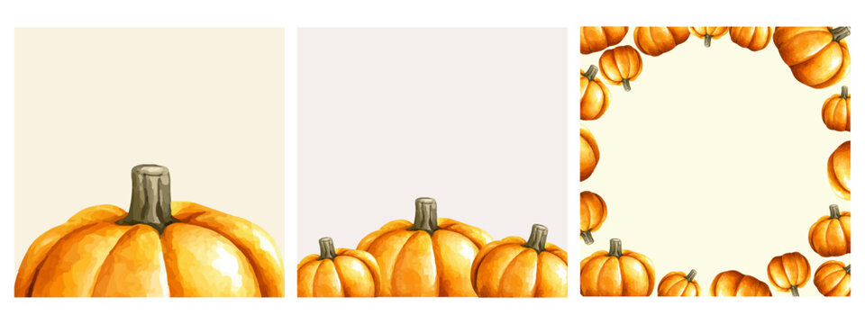 Autumn Watercolor Pumpkin backgrounds Set. Pumpkin Border, Frame and Hand Painted Pumpkin Collection for Fall and Thanksgiving Design