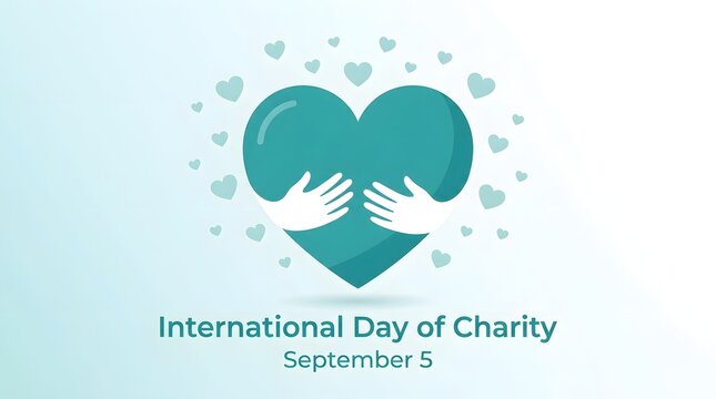 International day of charity illustration with hands holding a teal heart and floating hearts