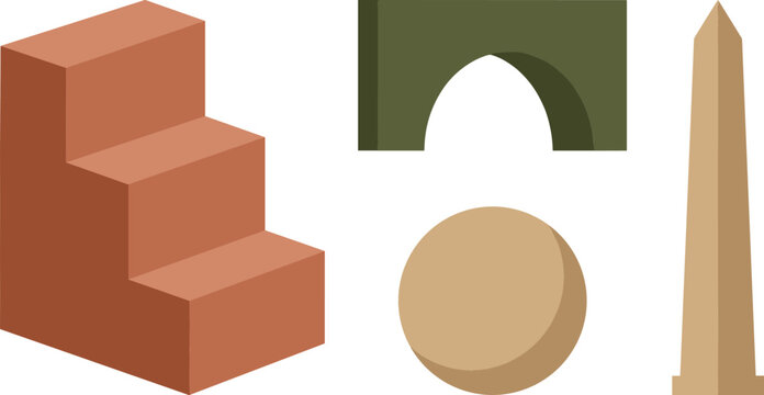 Minimalist Geometric Architecture Block Set with Isometric Stairs Arch Bridge Sphere and Obelisk Monument Vectors for Modern Abstract Podium Designs