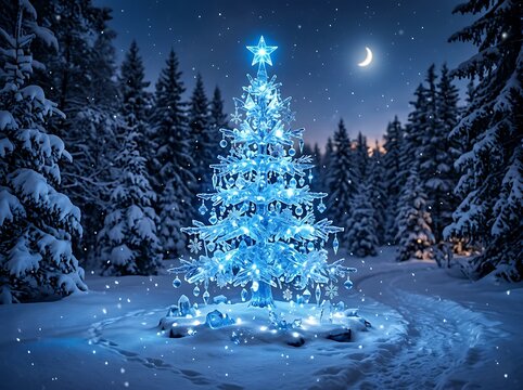 Magical blue glowing christmas tree in snowy forest under moonlight, winter wonderland scene.