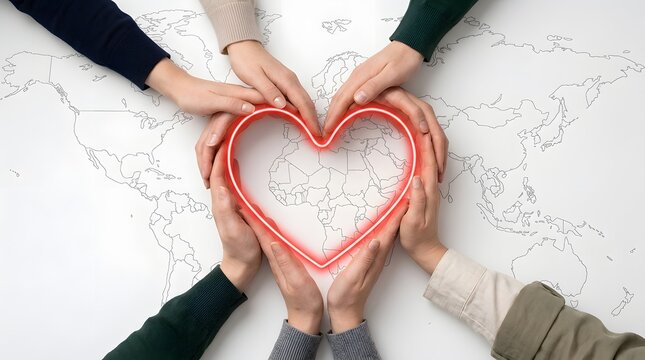 Global connection and unity hands forming a heart over a world map