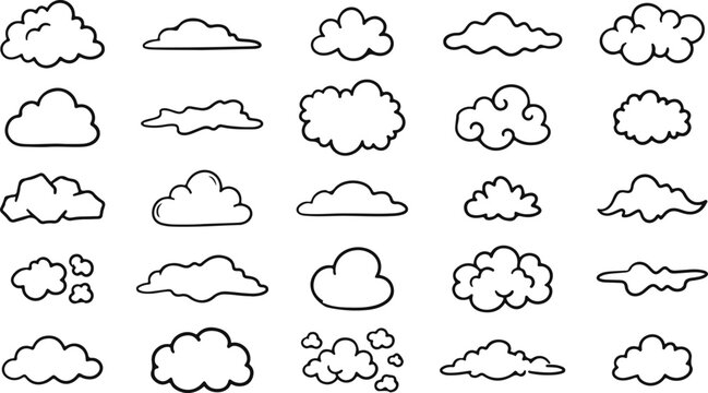 Black and white cloud set hand drawn weather icons for graphic design