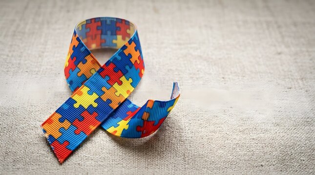 Autism awareness ribbon with puzzle pieces symbol of understanding and acceptance