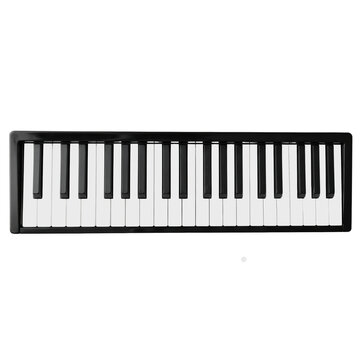 Top view of classic black electronic keyboard synthesizer piano keys