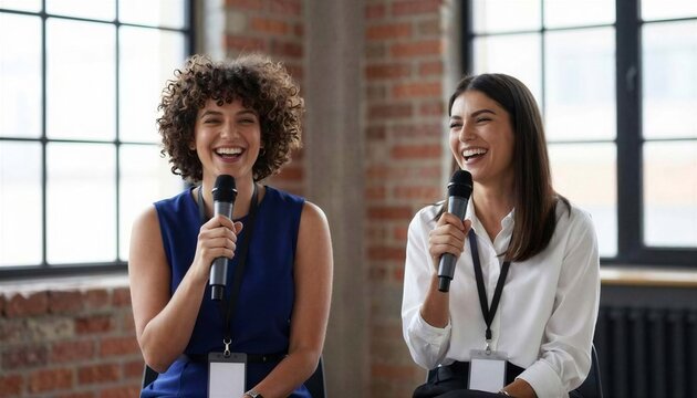 Two diverse happy women holding microphones laughing while speaking at business conference or seminar.
