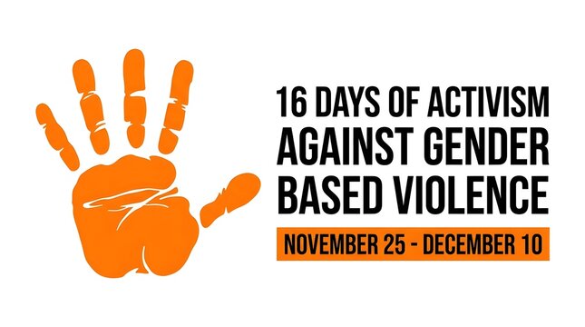 16 days of activism against gender based violence awareness campaign graphic with orange handprint