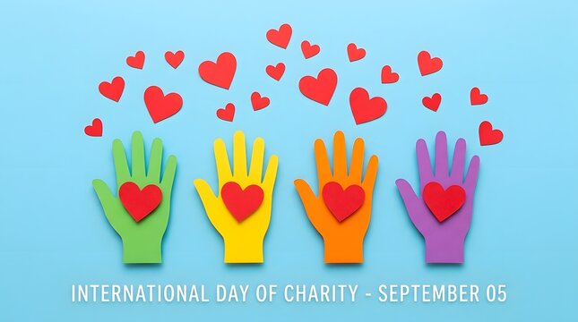 International day of charity concept colorful hands holding red paper hearts