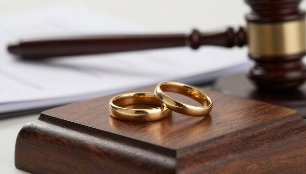 Gold wedding rings placed on wooden block gavel in front of blurry legal documents on office desk.