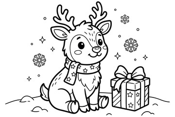 Fototapeta premium Cute little reindeer wearing a scarf next to a gift box in a winter snow scene. A charming vector line art coloring page illustration perfect for children and holiday designs.