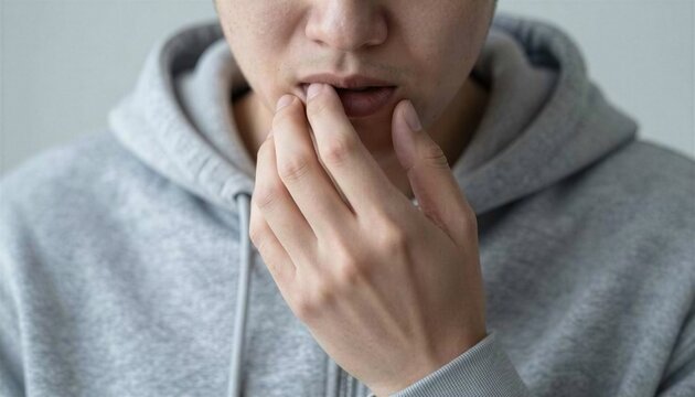Stressed young person touching lips with hand during psychological therapy session in neutral room.