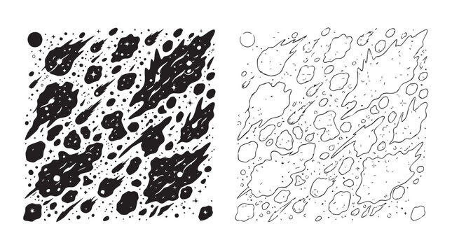 black vector silhouette with line art pair icon of abstract asteroid field glowing in spac