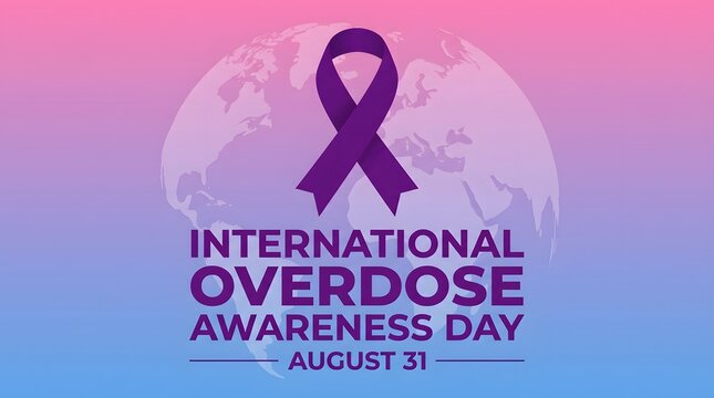 International overdose awareness day graphic with purple ribbon and world map