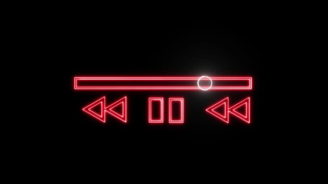 neon player interface with play button and timeline on black background. Abstract play or pause button animation.