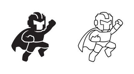 black vector silhouette with line art pair icon of arcade characters in superhero poses © Shamsul