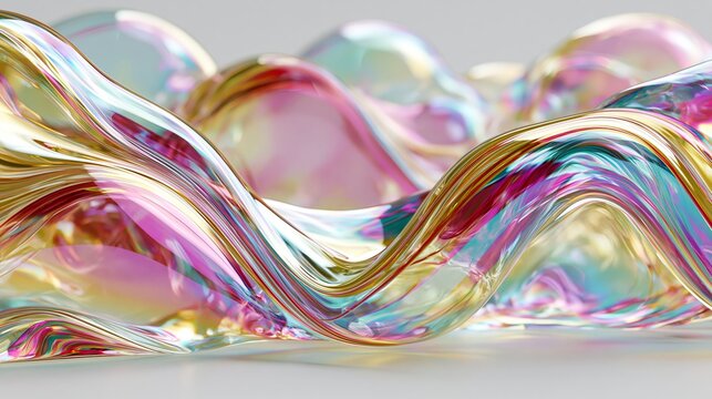 Iridescent abstract flowing ribbons of gold and pink, a luxurious and vibrant 3d render showcasing dynamic movement and shimmering light