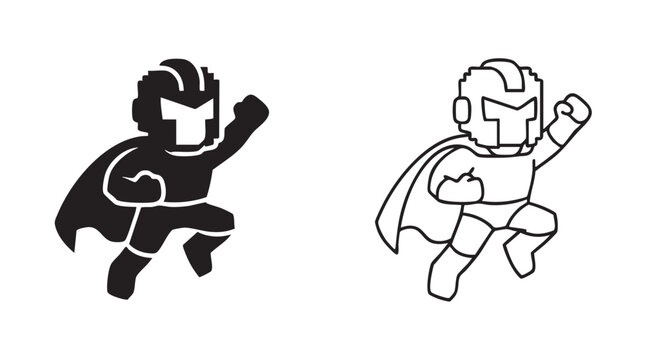 black vector silhouette with line art pair icon of arcade characters in superhero poses