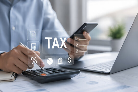 Businessman using calculator and smartphone for tax calculation and financial planning.
