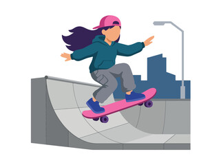 Fototapeta premium Flat style vector illustration of a female child riding a skateboard on a skatepark while wearing protective gear. Perfect for youth sports, recreation, safety education and active lifestyle designs